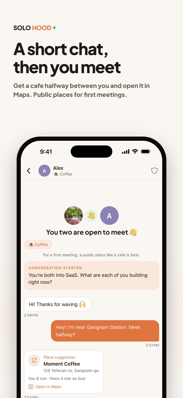 SOLOHOOD app screen: Get a cafe halfway between you