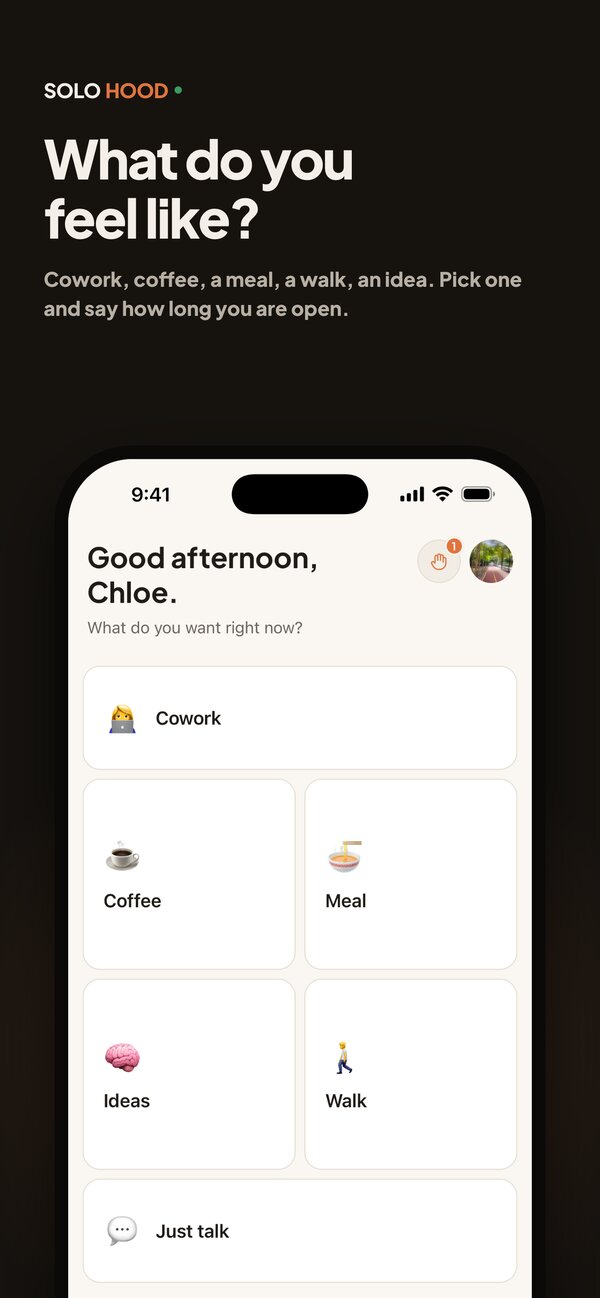 SOLOHOOD app screen: Pick what you feel like doing