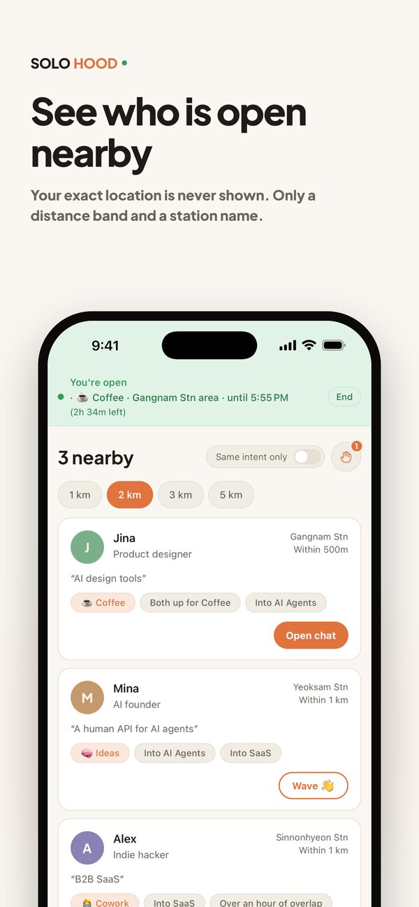 SOLOHOOD app screen: See who is open nearby, without exposing where you are