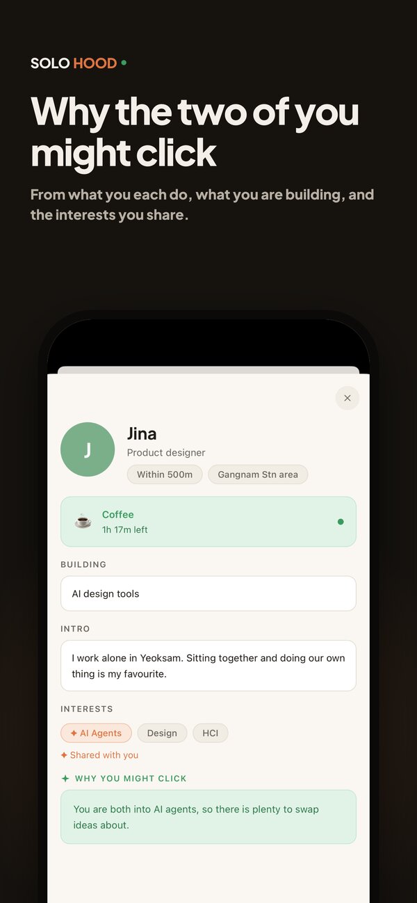 SOLOHOOD app screen: A line on why the two of you might click