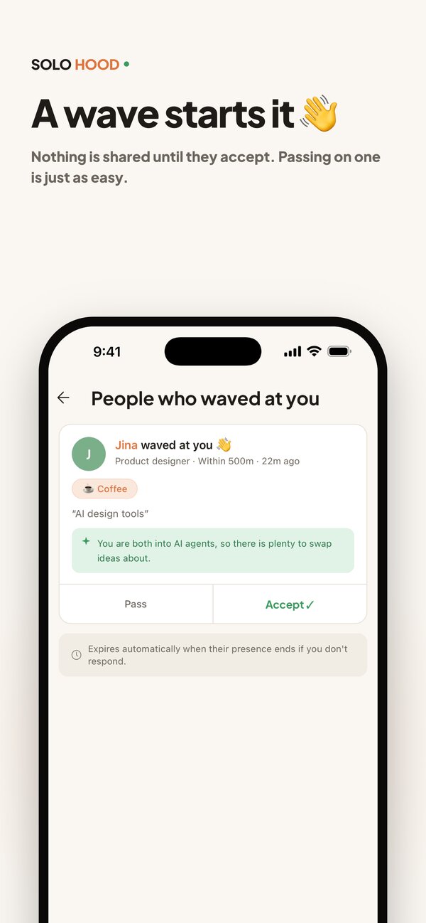 SOLOHOOD app screen: Wave, and talk once they accept